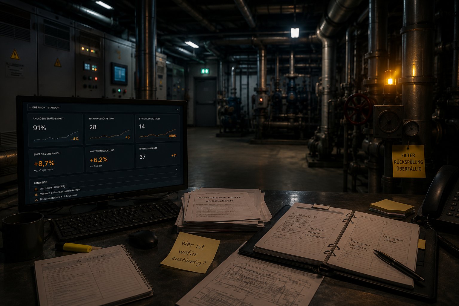 Monitor mit Kennzahlen-Dashboard eines Standorts an einem Schreibtisch, im Hintergrund ein technischer Anlagenraum