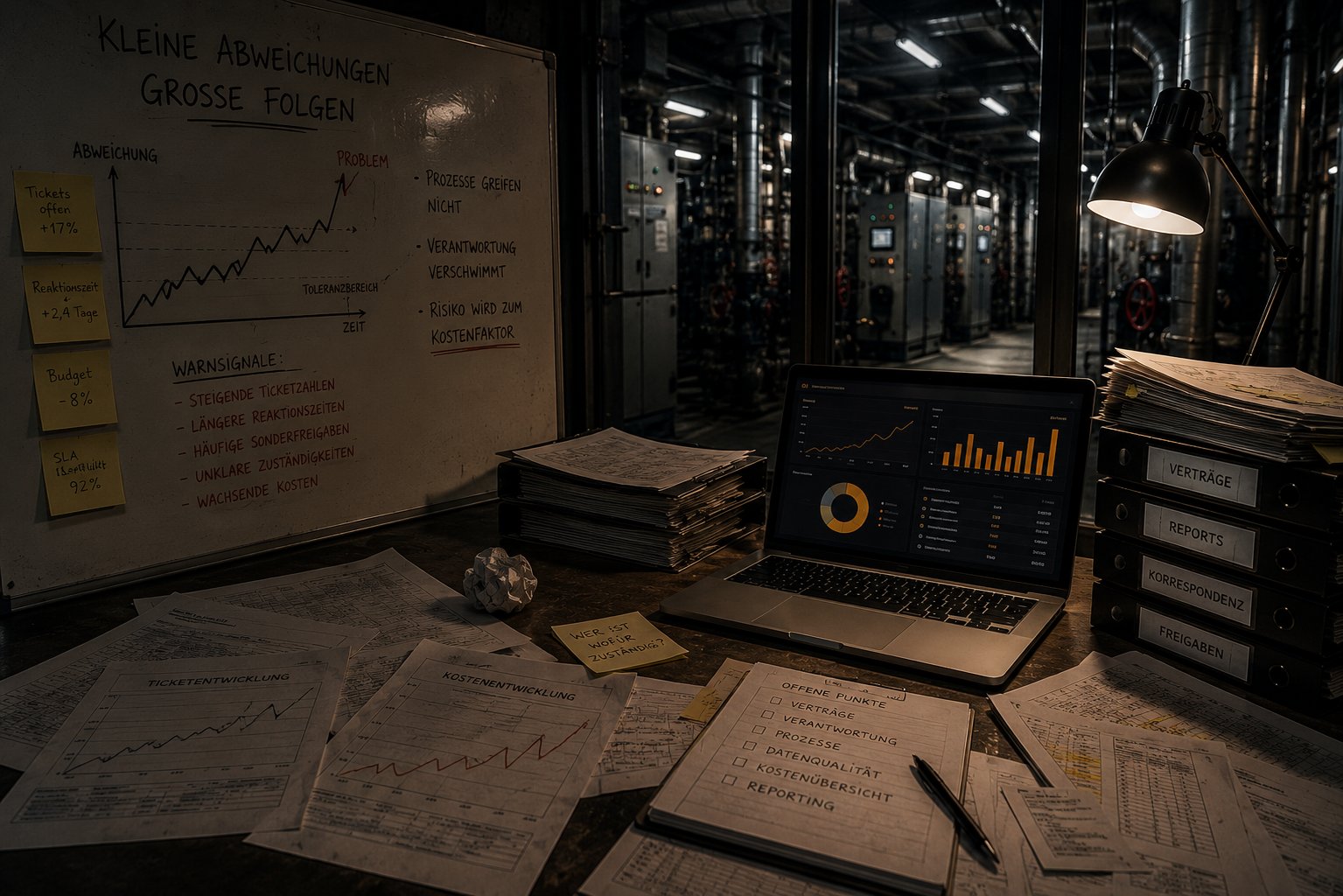 Whiteboard-Analyse einer schleichenden Anlagenkrise mit Kennzahlen zu Tickets, Reaktionszeit und Budget, im Hintergrund ein technischer Kontrollraum