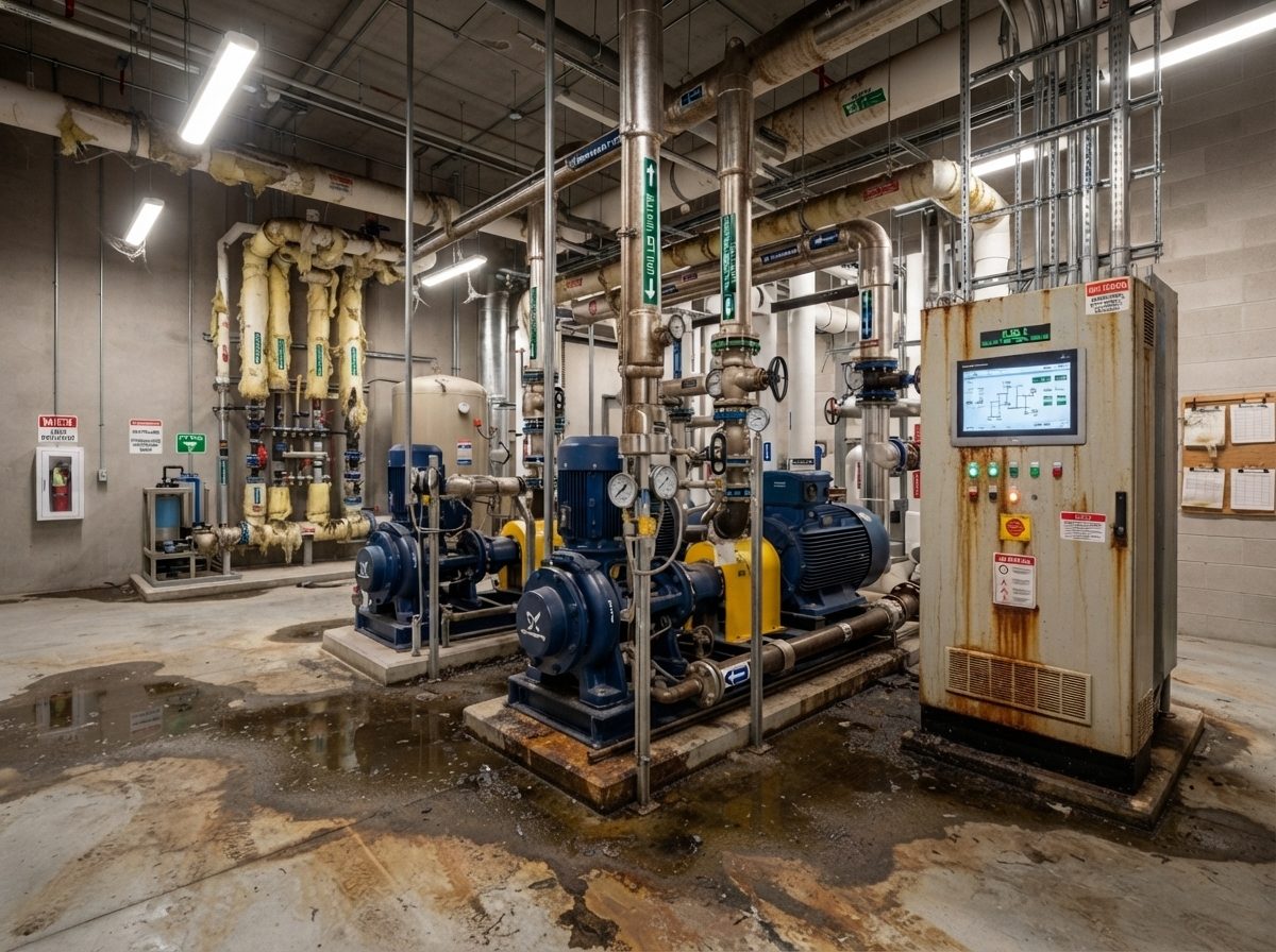 Vernachlässigter Anlagenraum mit Rost und stehendem Wasser vor der Übernahme